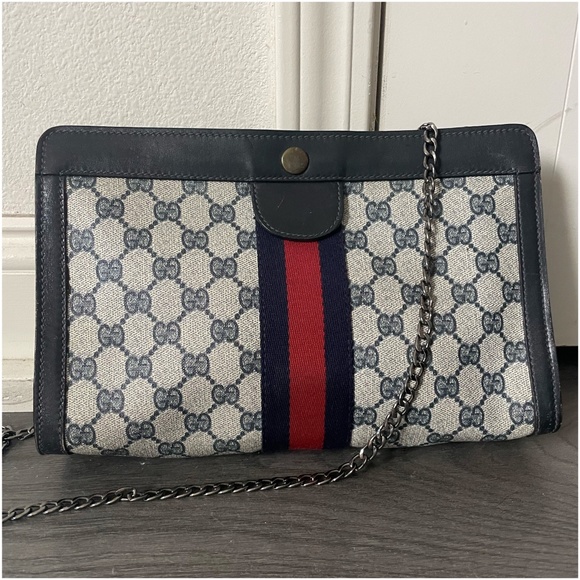 Authentic GUCCI Navy Web Sherry Line GG Plus Shoulder Crossbody Bag - Picture 1 of 12